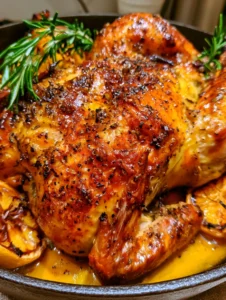 Nahaufnahme eines Brathähnchen Rezept mit grobem schwarzen Pfeffer und glänzender Haut.