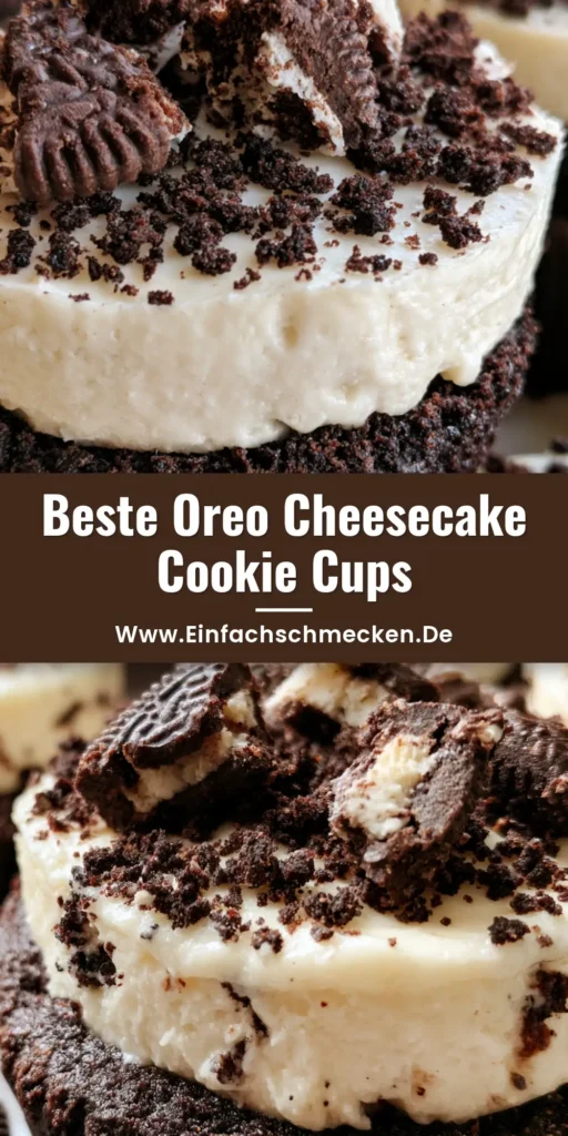 Nahaufnahme von Oreo Cheesecake Cookie Cups in dunklen Papierförmchen mit Keksstücken als Topping.