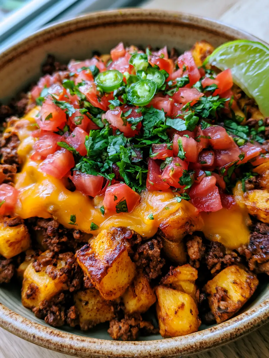 Eine rustikale Keramikschüssel mit einer Hackfleisch-Kartoffel-Bowl, garniert mit frischem Koriander und Limetten.
