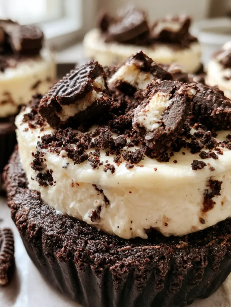 Detailansicht der Oreo Cheesecake Cookie Cups mit Fokus auf die cremige Füllung und den dunklen Boden.