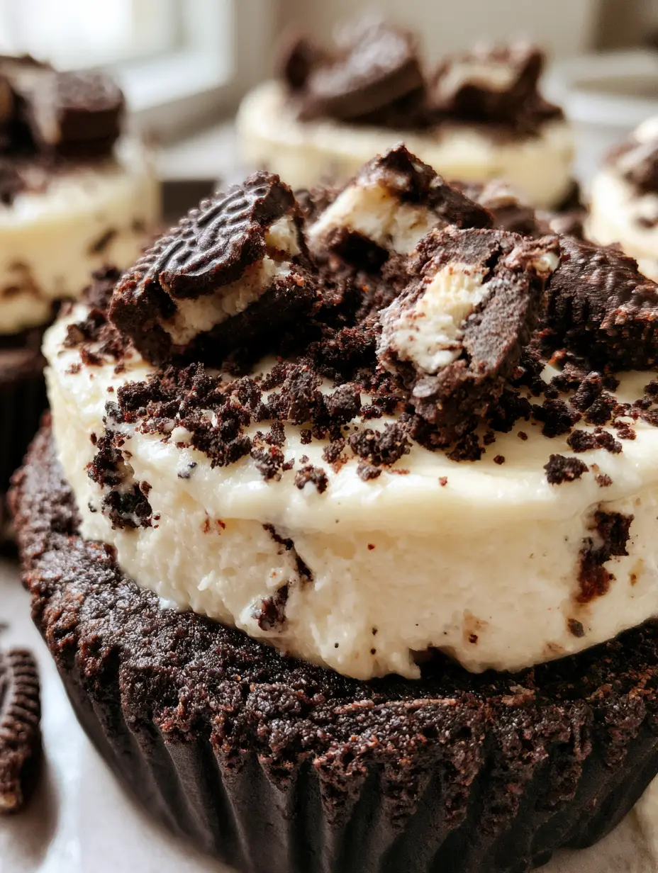 Detailansicht der Oreo Cheesecake Cookie Cups mit Fokus auf die cremige Füllung und den dunklen Boden.
