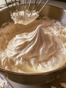 Ein Metall-Schneebesen wird aus einer Schüssel mit glatter, glänzender italienischer Buttercreme gehoben.