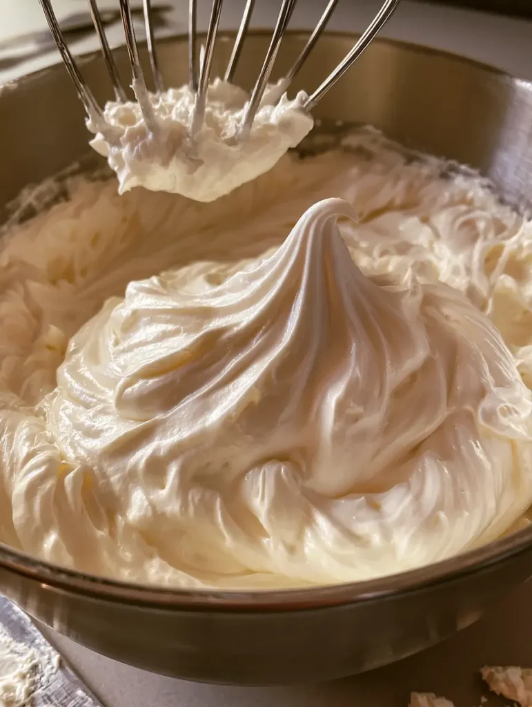 Ein Metall-Schneebesen wird aus einer Schüssel mit glatter, glänzender italienischer Buttercreme gehoben.