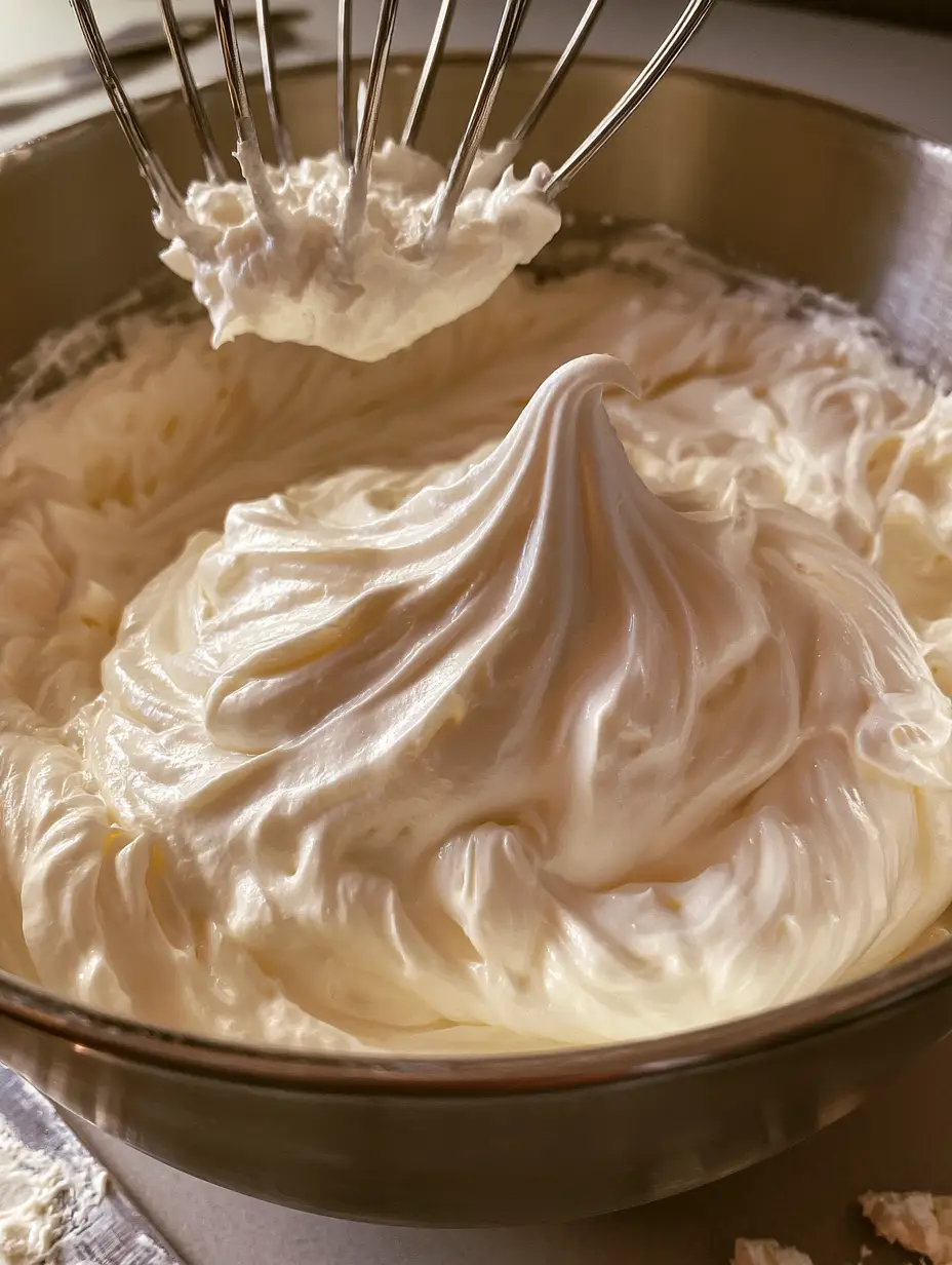 Italienische Buttercreme: Das ultimative Rezept für seidige Standfestigkeit 3 Ein Metall-Schneebesen wird aus einer Schüssel mit glatter, glänzender italienischer Buttercreme gehoben.