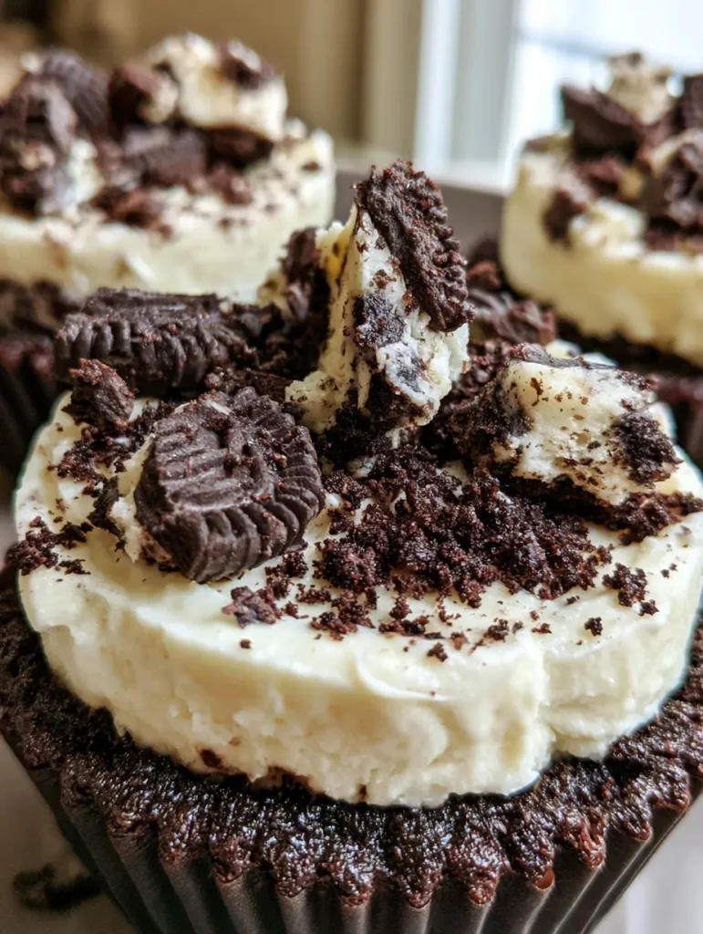 Mehrere Oreo Cheesecake Cookie Cups auf einer Küchenoberfläche, präsentiert in edlen dunklen Linern.