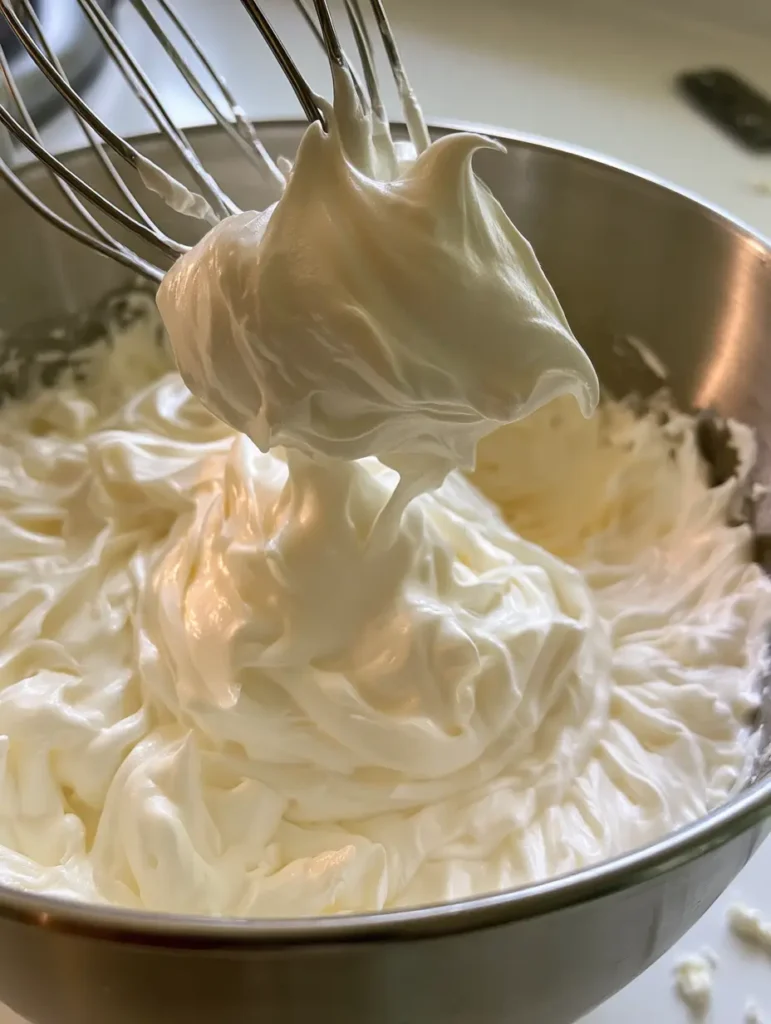 Italienische Buttercreme: Das ultimative Rezept für seidige Standfestigkeit 1 Blick von oben in eine silberne Rührschüssel mit perfekt aufgeschlagener italienischer Meringue-Buttercreme.