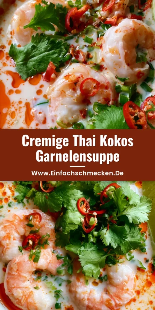 Draufsicht einer Thai Kokos Garnelensuppe in einer Keramikschüssel mit Chili-Öl, Koriander und Limette.