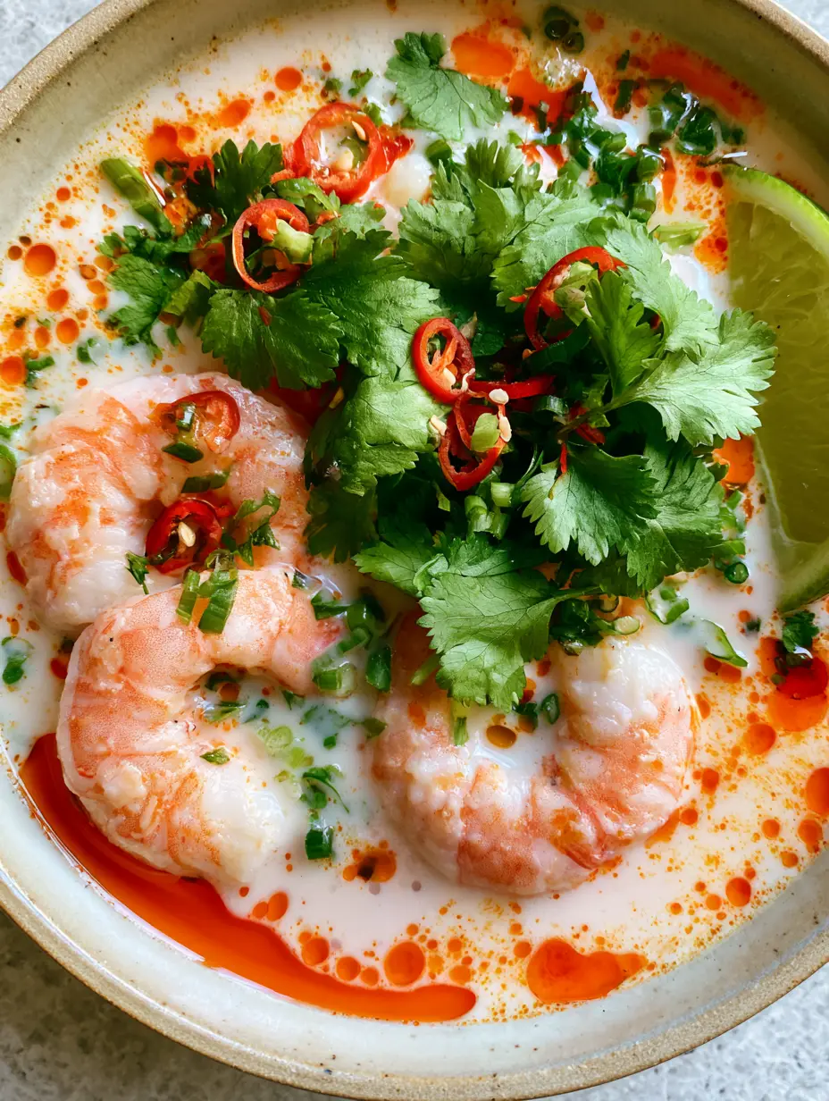 Nahaufnahme einer cremigen Thai Kokos Garnelensuppe mit rosa Garnelen und roten Chili-Tropfen.