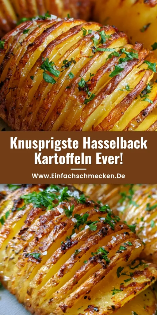 Knusprige Hasselback Kartoffeln aufgefächert mit Knoblauchbutter und frischer Petersilie auf einem grauen Teller.
