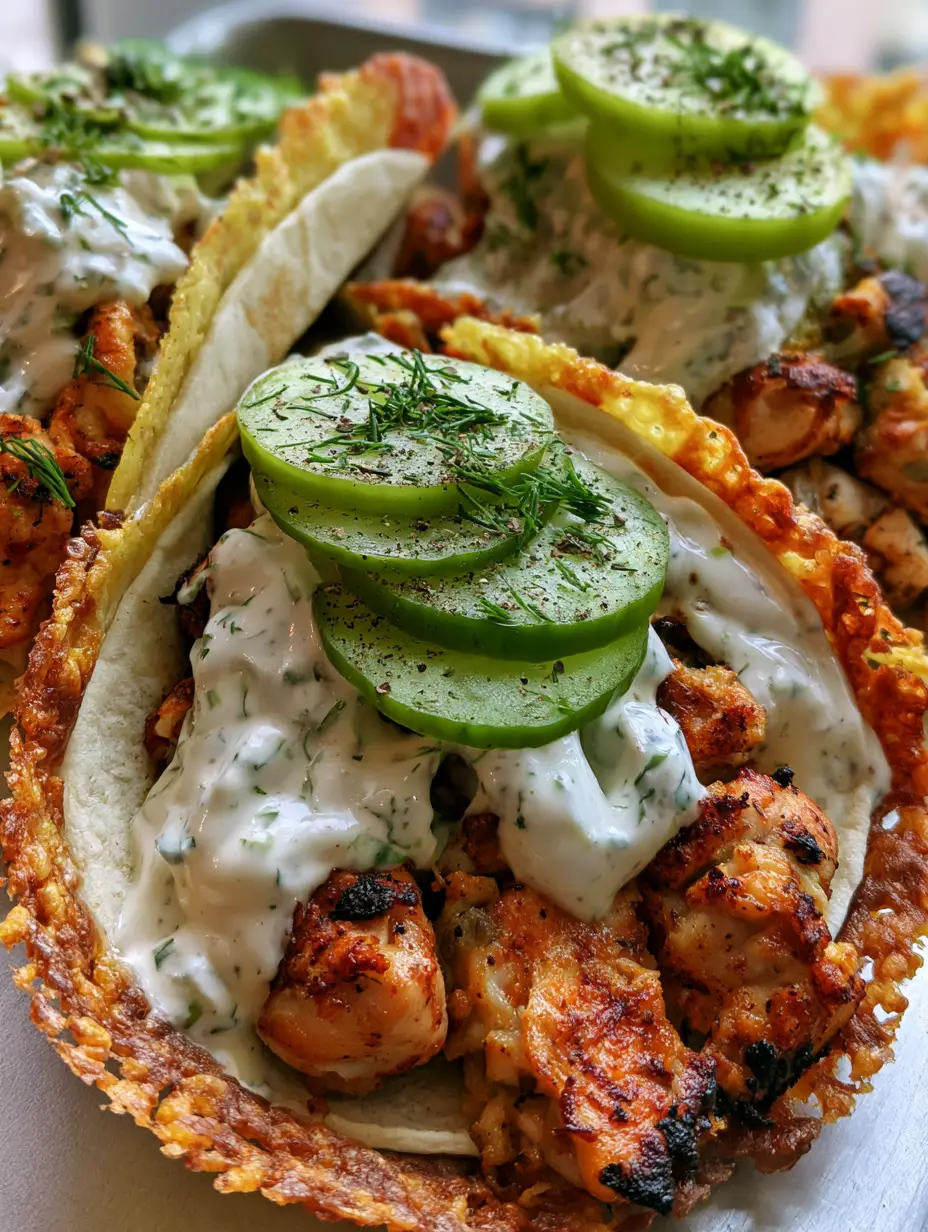 Smash Chicken Tacos mit knusprigem Käserand und Ranch-Dressing 3 Nahaufnahme von Smash Chicken Tacos mit goldbraunem Käserand und weißem Kräuter-Dressing.
