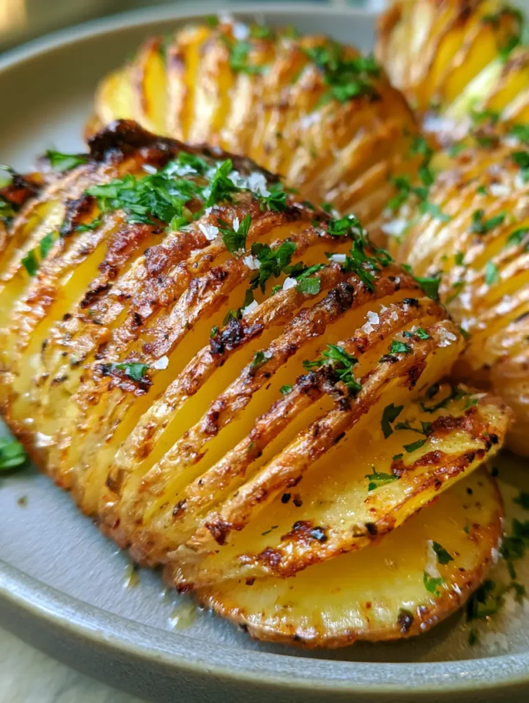 Nahaufnahme von goldbraun gerösteten Hasselback Kartoffeln mit Meersalzflocken und Knoblauchbutter.