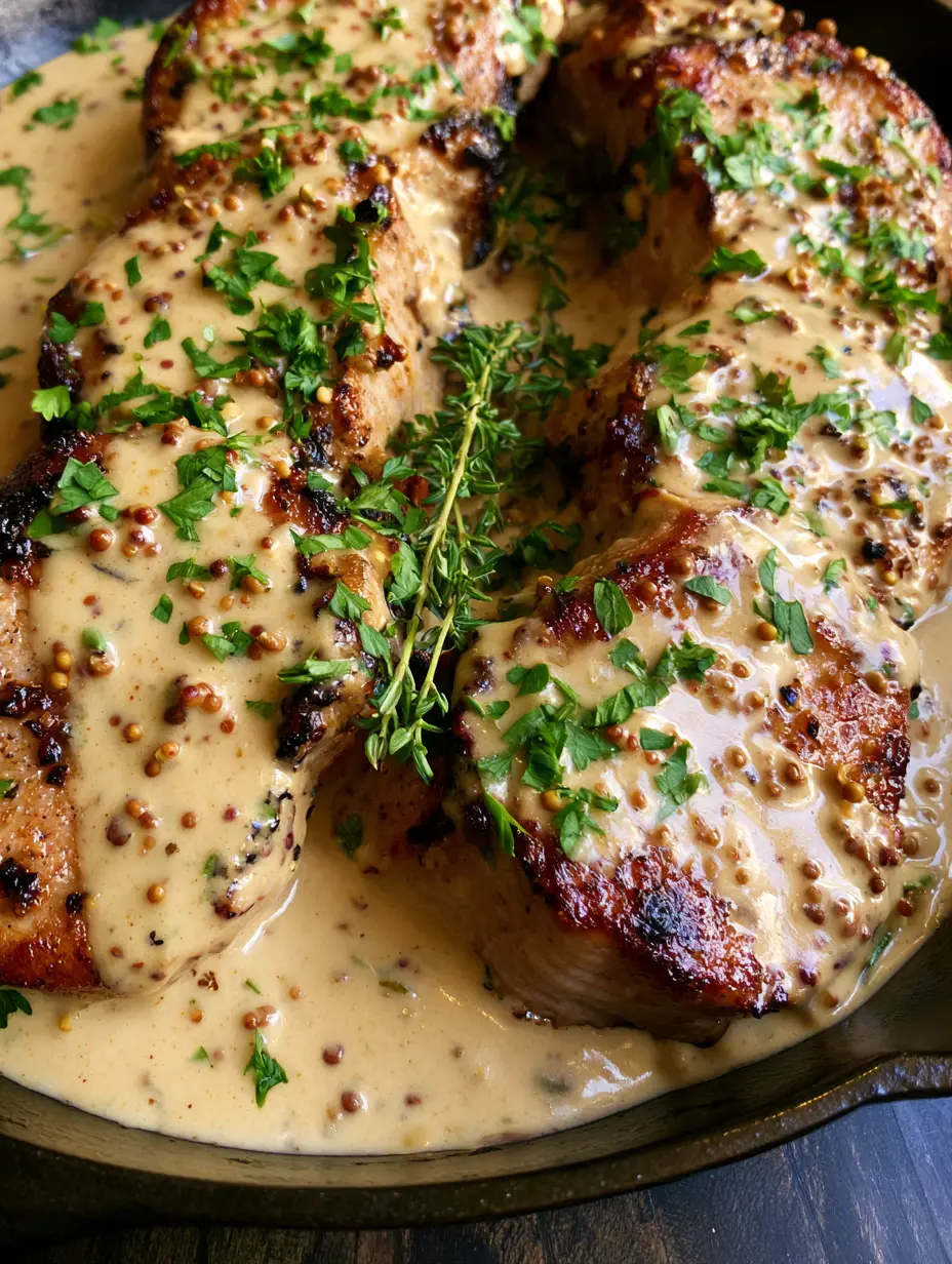 Schweinefilet in Senfsauce: Das ultimative 20-Minuten-Feierabendgericht 3 Nahaufnahme von scharf angebratenen Schweinefilet-Medaillons mit einer glänzenden Senfsauce und Thymian.