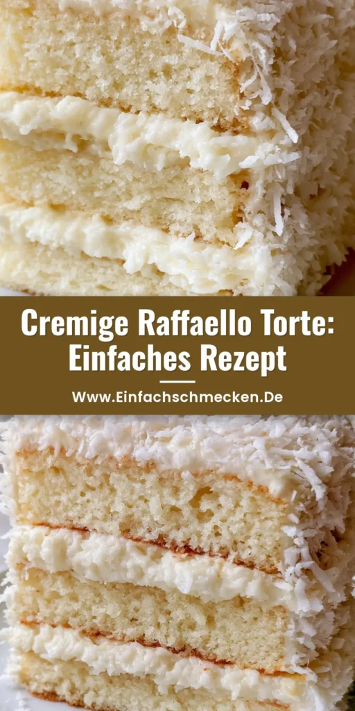 Eine prachtvolle Raffaello Torte mit weißer Kokos-Creme und Kokosraspeln auf einer Tortenplatte.