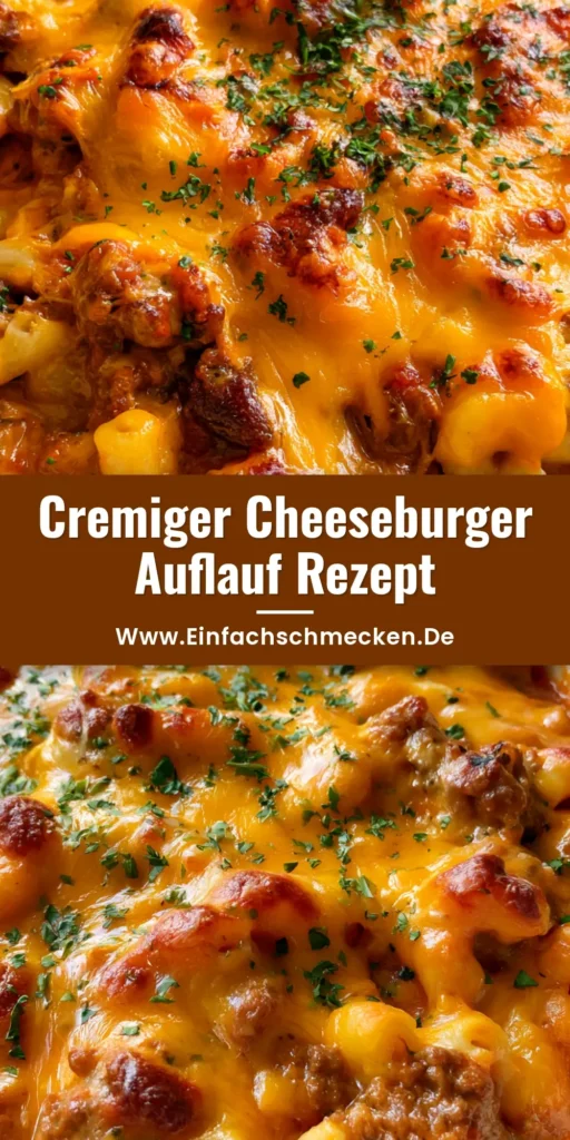 Cremiger Cheeseburger Auflauf mit Gabelspaghetti, Rinderhackfleisch und einer goldbraun gebackenen Cheddar-Kruste in einer weißen Form.