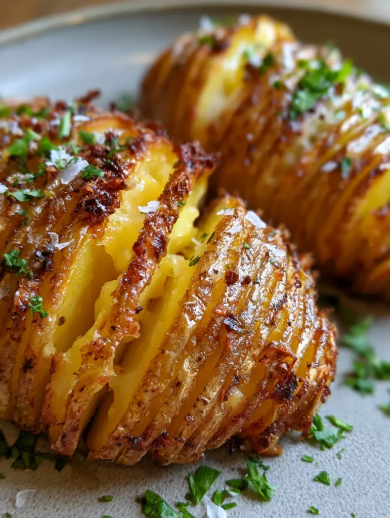 Hasselback Kartoffeln frisch aus dem Ofen, serviert auf einem neutralen Keramikteller bei natürlichem Licht.