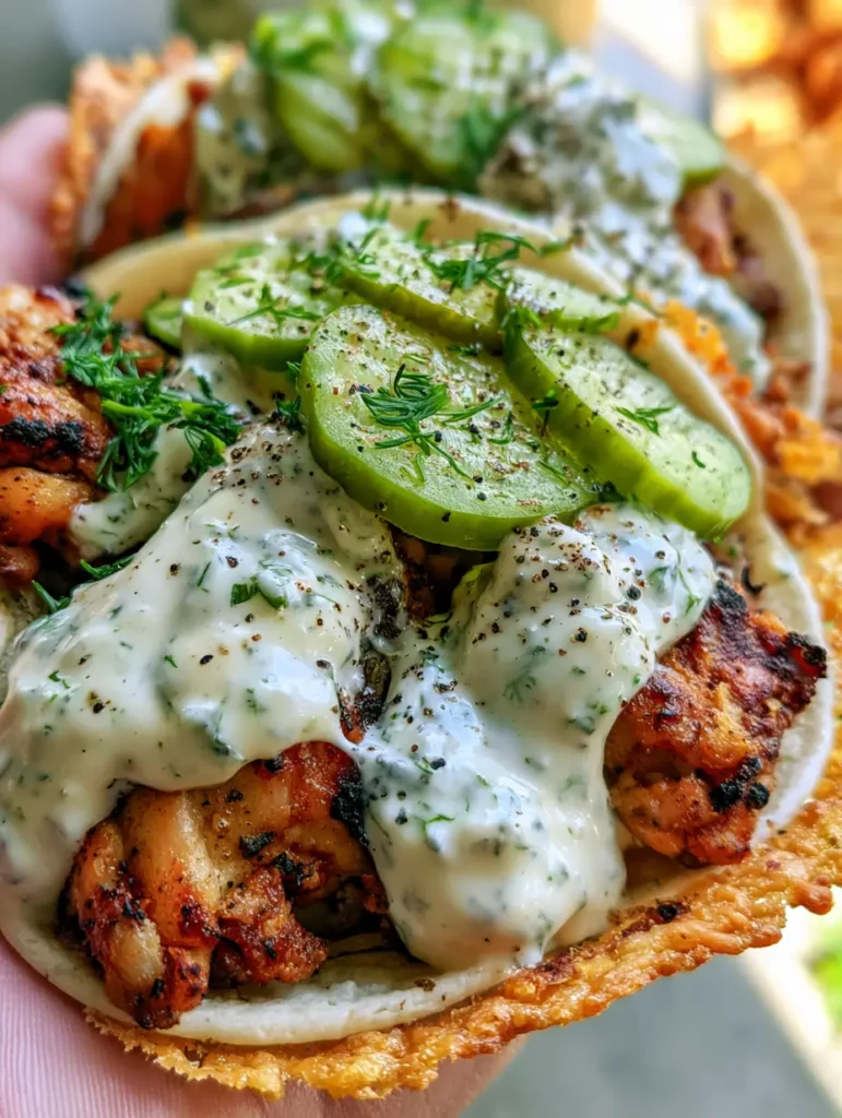 Smash Chicken Tacos mit knusprigem Käserand und Ranch-Dressing 1 Drei handgehaltene Tacos mit knusprigem Hähnchen, Ranch-Sauce und frischem Dill.