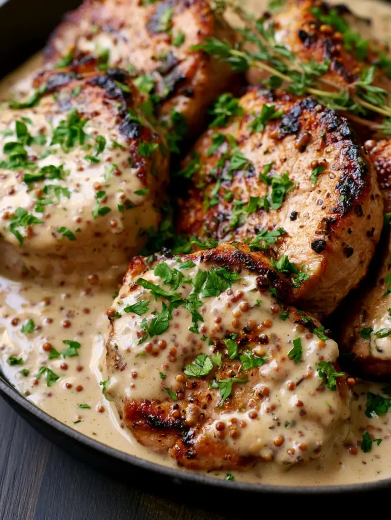 Schweinefilet in Senfsauce: Das ultimative 20-Minuten-Feierabendgericht 1 Draufsicht auf die gusseiserne Pfanne mit Schweinefilet in Senfsauce auf einem rustikalen Holzhintergrund.