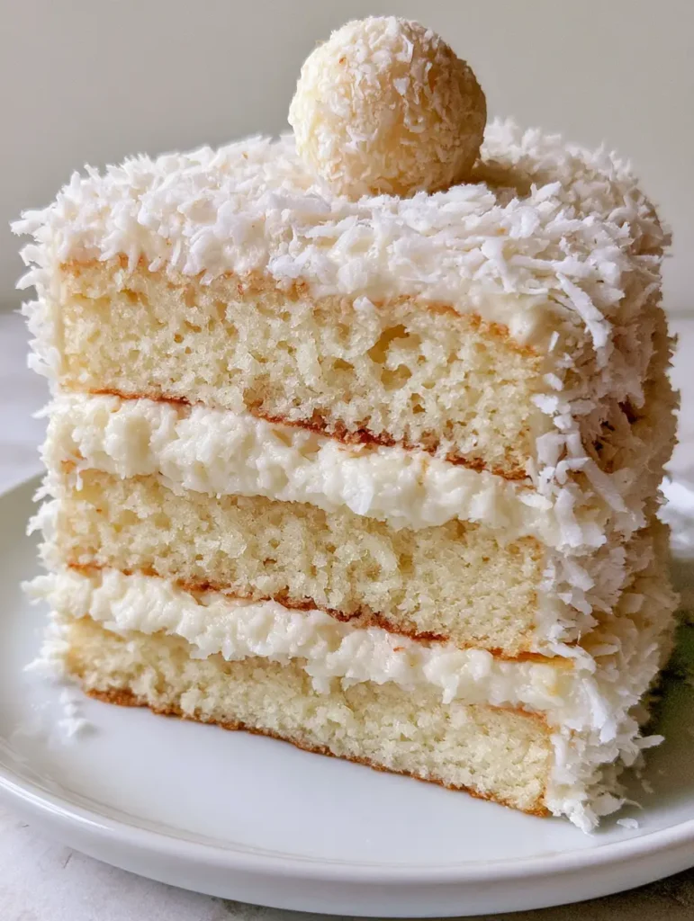 Nahaufnahme eines hohen Stücks Raffaello Torte auf einem weißen Teller, das die fluffigen Schichten zeigt.
