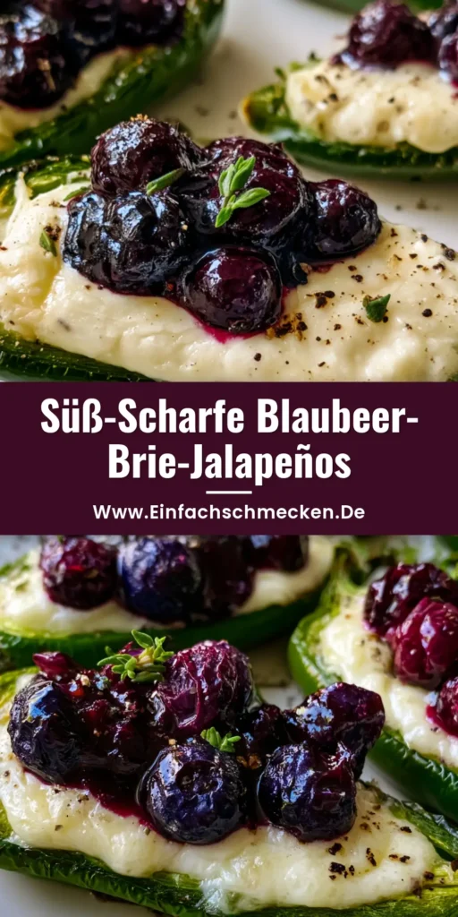 Nahaufnahme von Jalapeño Poppers mit geschmolzenem Brie und Blaubeer-Topping auf einem weißen Teller. (Jalapeño Poppers Rezept)