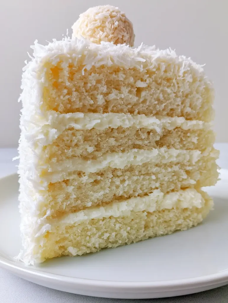 Detaillierte Ansicht der Kokosraspel-Beschichtung und einer Raffaello Kugel auf der Torte.