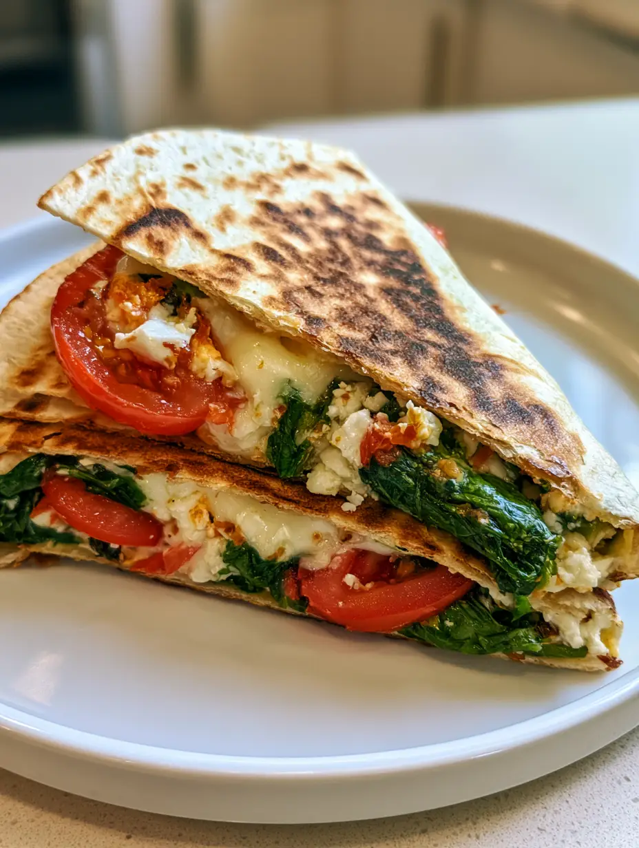 Handheld-Foto einer knusprig getoasteten Weizentortilla mit sichtbarem Feta und Spinat im Anschnitt.