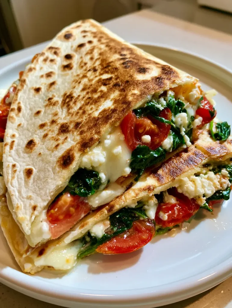 Detaillierte Ansicht der Füllung einer Mediterranen Quesadilla mit geschmolzenem Mozzarella und Kirschtomaten.
