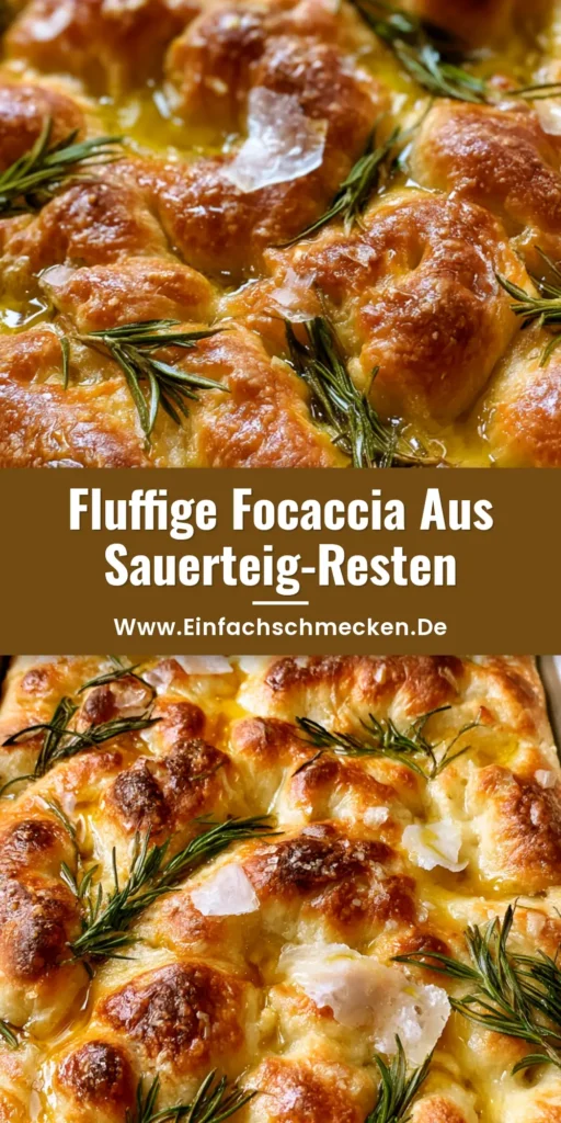 Focaccia aus Sauerteig-Resten: Goldbraun, knusprig & unglaublich fluffig 4 Frisch gebackene Focaccia aus Sauerteig-Resten in einer Metallform mit Rosmarin und Meersalzflocken.