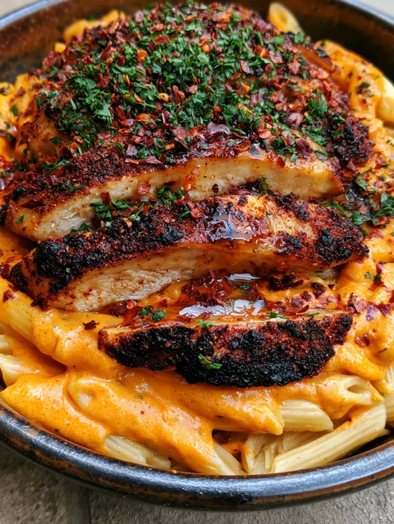 Detailaufnahme der orangefarbenen Cajun-Sauce, die die Penne-Nudeln perfekt umhüllt.