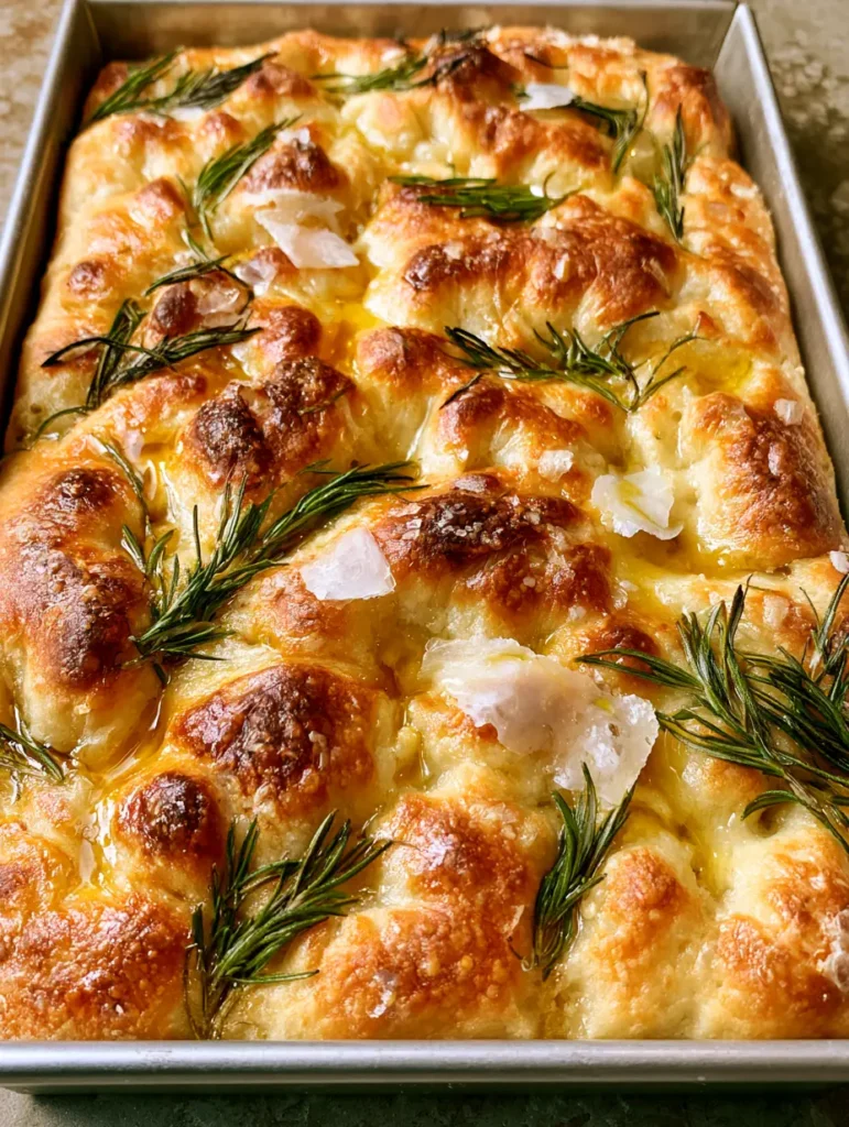 Nahaufnahme einer rechteckigen Focaccia aus Sauerteig-Resten mit tiefen Mulden und Olivenöl.