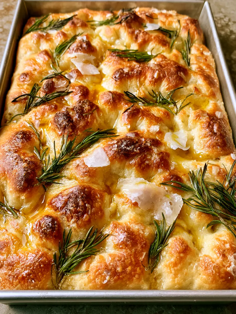 Focaccia aus Sauerteig-Resten: Goldbraun, knusprig & unglaublich fluffig 3 Nahaufnahme einer rechteckigen Focaccia aus Sauerteig-Resten mit tiefen Mulden und Olivenöl.